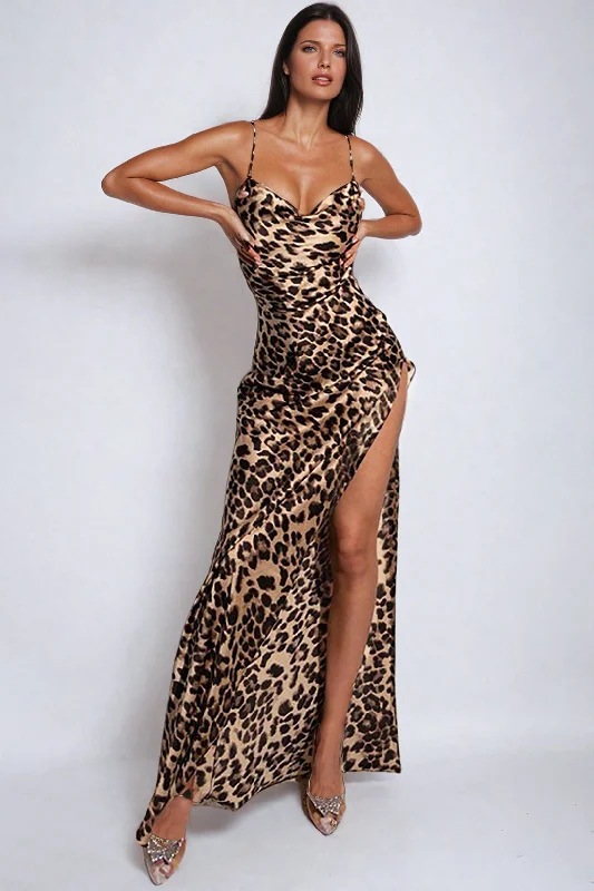 V-neck maxi dress-Leopard Print Cross Chain Backless Cowl Neck Slit Maxi Dress