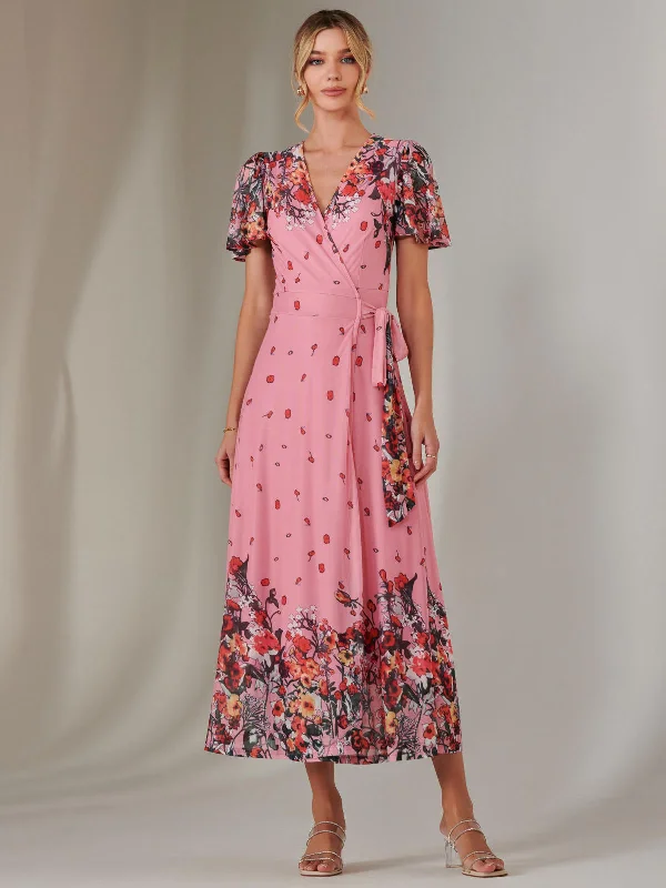 Maxi dress with tiered layers-Mirror Print Mesh Wrap Maxi Dress, Pink Floral