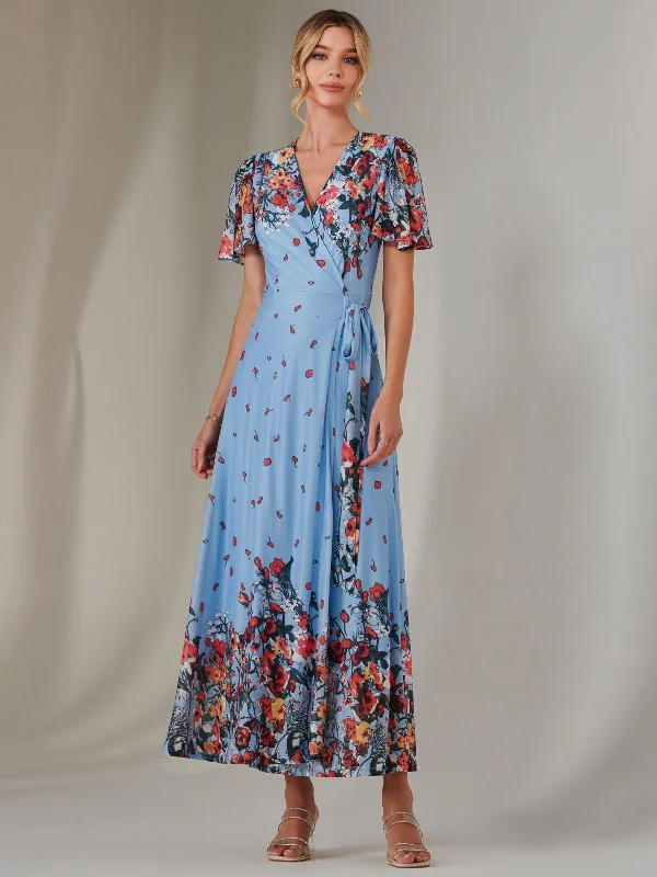 Maxi dress with vibrant colors-Mirror Print Mesh Wrap Maxi Dress, Blue Floral