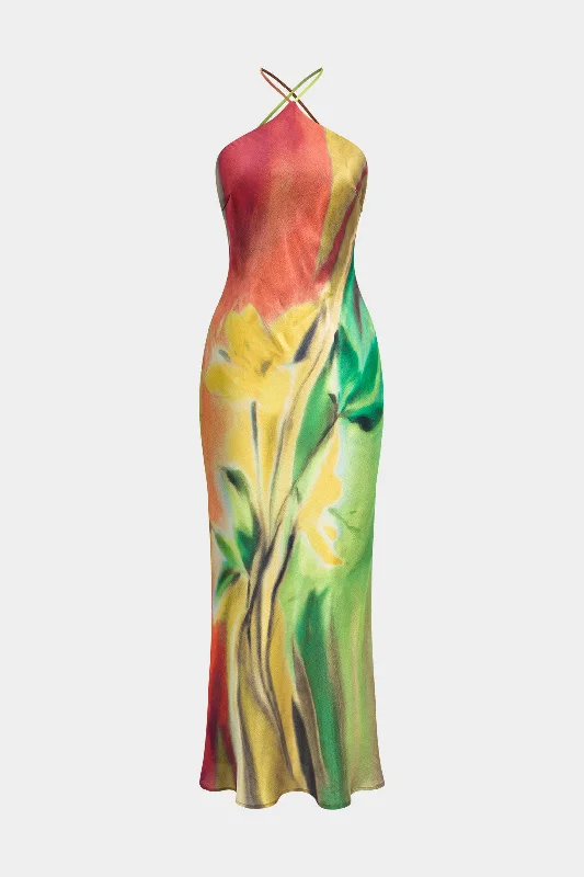 Satin slip maxi dress-Floral Print Halter Neck Backless Maxi Dress