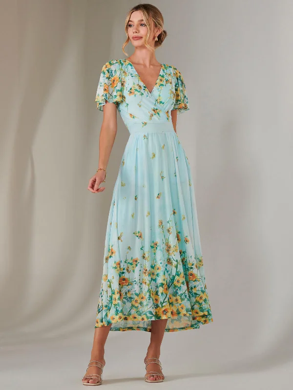 Maxi dress with wrap bodice-Wrap Maxi Dress, Blue Floral