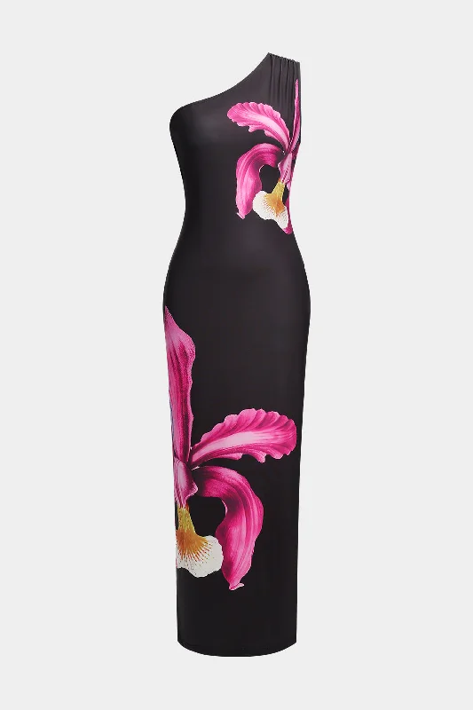 Casual long maxi dress-Floral Print One Shoulder Sleeveless Maxi Dress