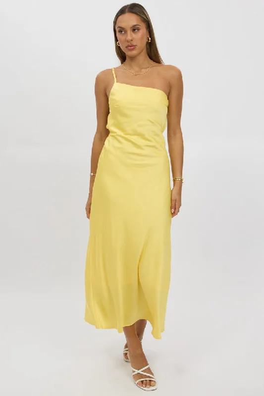 Elegant summer maxi dress-Yellow One Shoulder Dress Satin