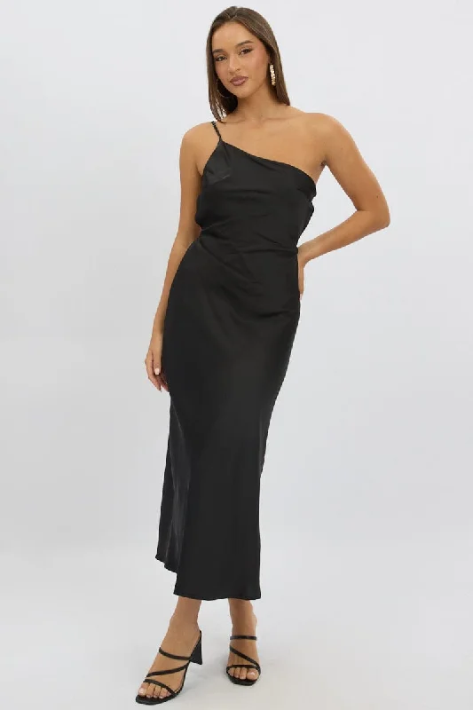 Fit and flare maxi dress-Black One Shoulder Dress Satin