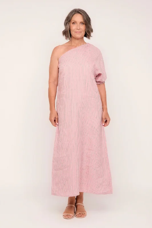 Maxi dress with statement sleeves-Emma Linen One Shoulder Dress in Beverly Hills