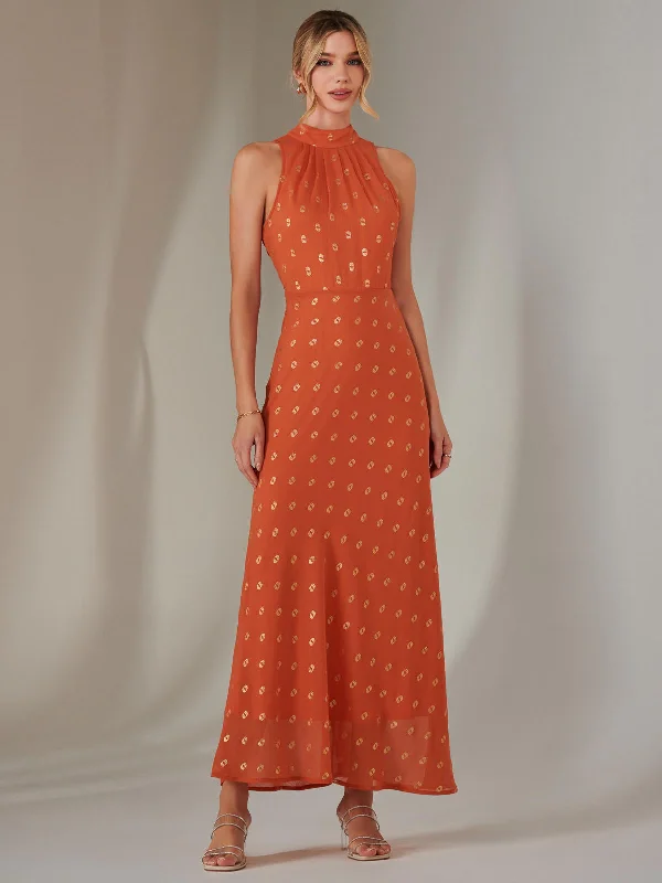 Maxi dress with voluminous skirt-Halterneck Maxi Dress, Orange