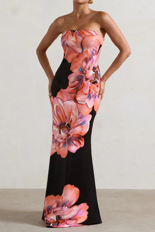 Colorful maxi dress-Floral Print Strapless Maxi Dress