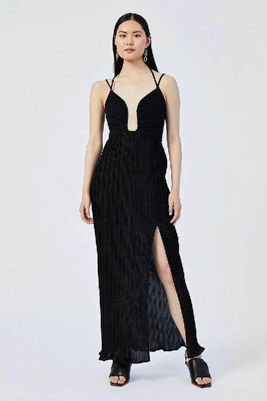 Elegant maxi dress with lace-Crystal V Neck Strappy Dress - Black