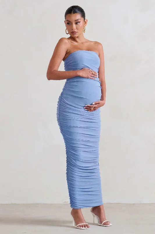 Casual striped maxi dress-My Lady | Maternity Powder Blue Strapless Bodycon Ruched Mesh Maxi Dress