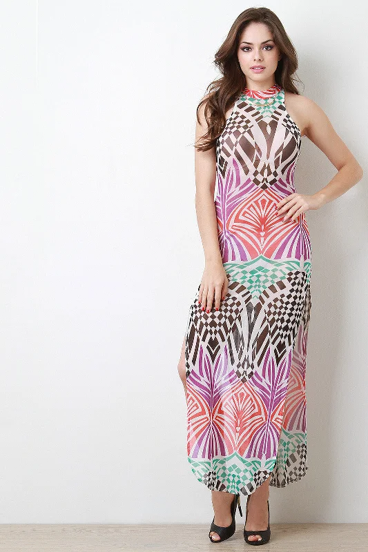 Maxi dress with flowy skirt-Mock Neck Abstract Mesh Maxi Dress