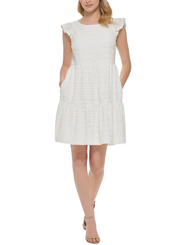 Peasant style mini dress-Womens Eyelet Short Mini Dress