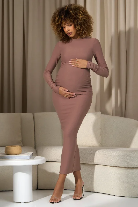 Maxi dress with shimmer effect-Dove | Warm Taupe Bodycon Long-Sleeve Maternity Maxi Dress