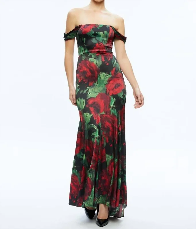 Maxi dress with bishop sleeves-Azra Off Shoulder Maxi Dress In Floral Bordeaux