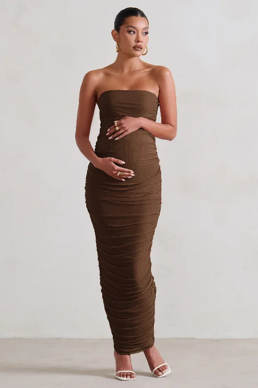 Elegant maxi dress for weddings-My Lady | Chocolate Maternity Brown Strapless Bodycon Ruched Mesh Maxi Dress