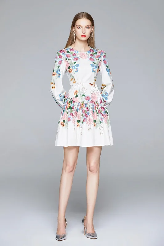 Mini dress with ribbed texture-WHITE & MULTICOLOR FLORAL PRINT Day A-line Crewneck Long Sleeve Mini Dress