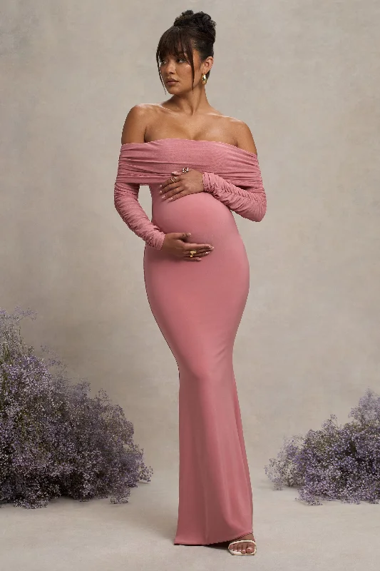 Chic black maxi dress-Pretty Perfect | Blush Pink Maternity Ruched Mesh Bardot Maxi Dress