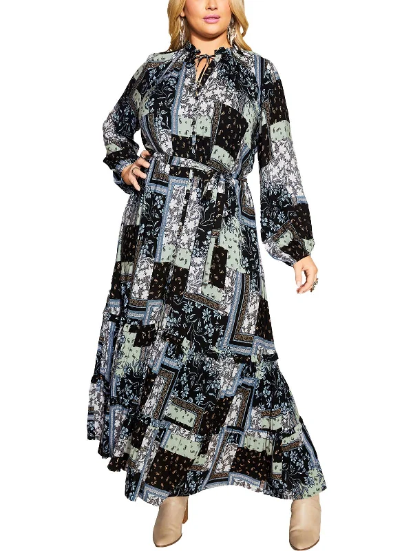 Maxi dress with draped bodice-Plus Womens Printed Viscose Maxi Dress