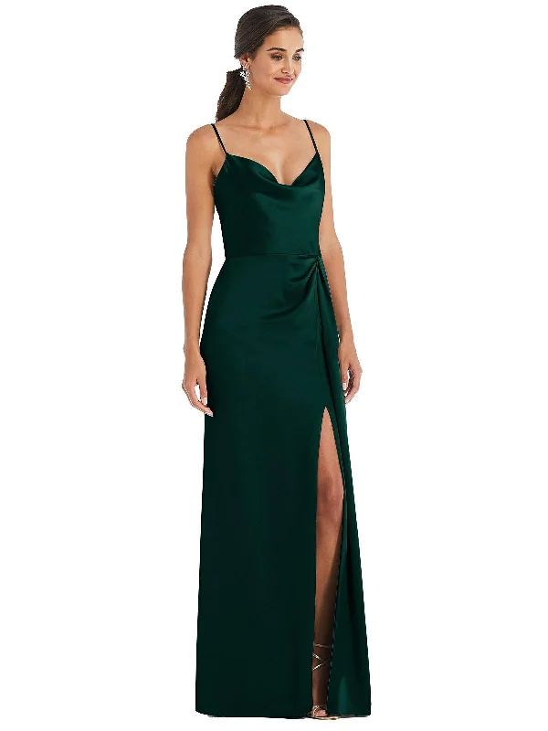 Maxi dress with high-low hem-Cowl-Neck Draped Wrap Maxi Dress with Front Slit