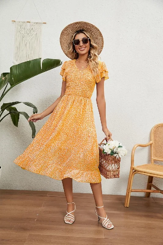 Maxi dress with smocked waist-V NECK TIERED FLORAL LONG DRESS