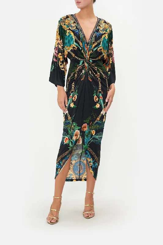 Maxi dress with intricate beading-LONG SPLIT FRONT TWIST DRESS FEARLESS FELIS