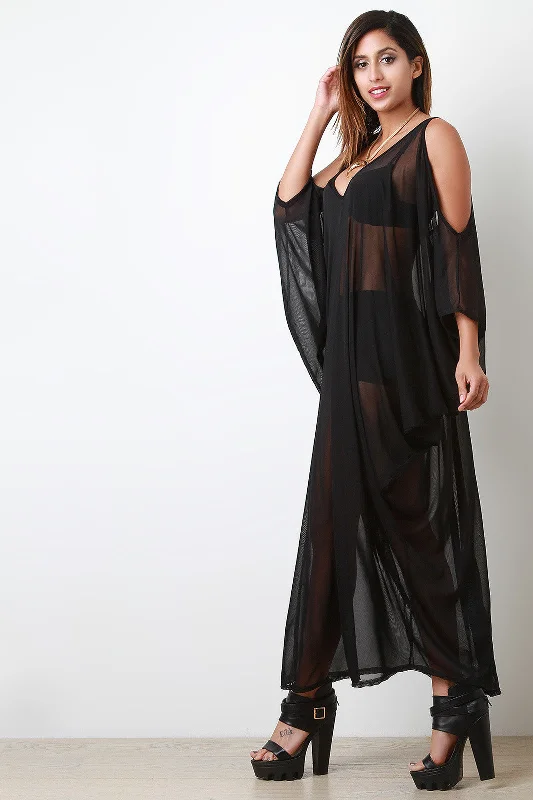 Maxi dress with chiffon fabric-Mesh Cold Shoulders Maxi Overlay Dress