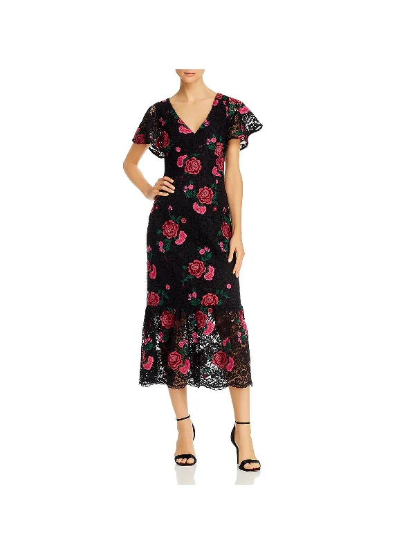 Sophisticated business casual midi dress-Audette Womens Lace Floral Midi Dress