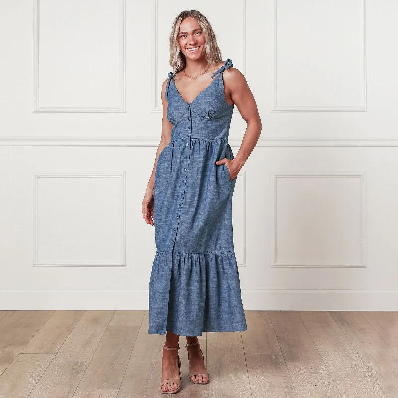 Maxi dress with delicate lace-Organic Chambray Maxi Dress