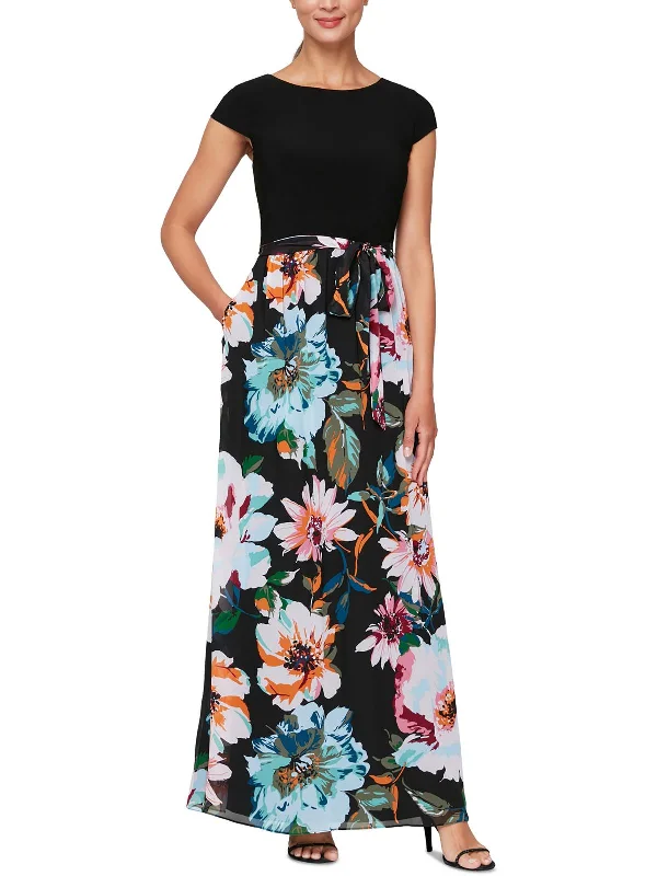 Maxi dress with floral details-Womens Chiffon Floral Maxi Dress