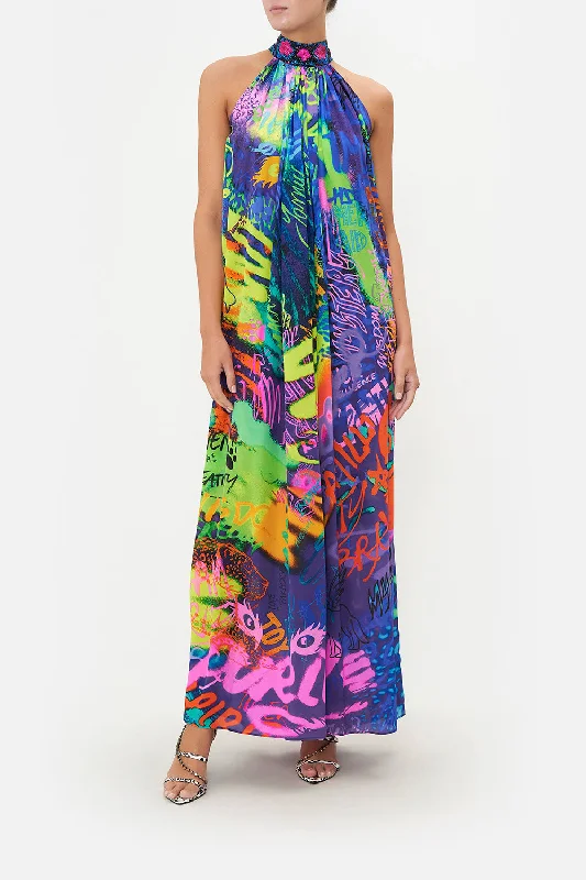 Maxi dress with bold patterns-TIE NECK LONG DRESS MOTHER EARTHS ARMY