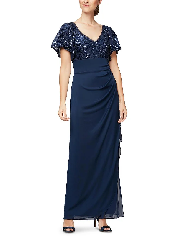 Maxi dress with cap sleeves-Petites Womens Embroidered Maxi Evening Dress