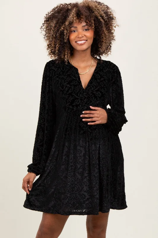 Cowl neck mini dress for stylish look-Black Velvet Damask Print Long Sleeve Maternity Mini Dress