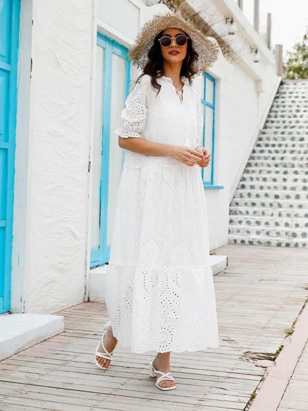 Maxi dress with elastic waist-Puff Sleeve Cotton Maxi Dress