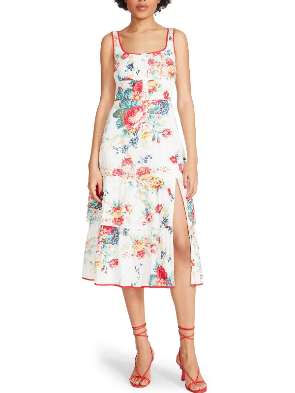 Statement midi dress with bows-Riviera Womens Floral Front Slit Midi Dress