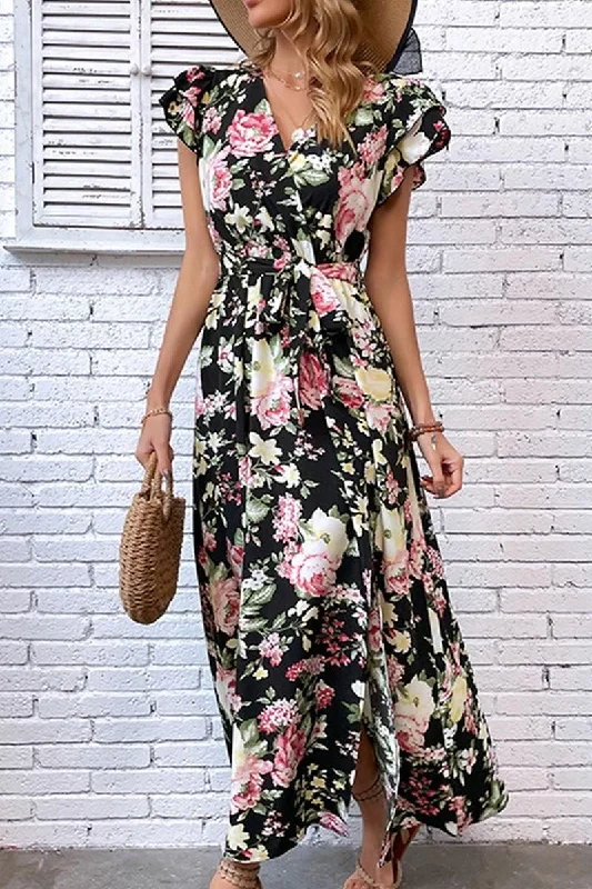 Off-shoulder summer maxi dress-FLORAL RUFFLED SLEEVES CROSS OVER TIED MAXI DRESS