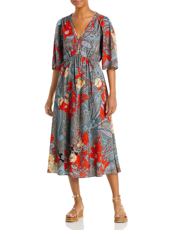 High-low hem midi dress-Womens Printed Calf Midi Dress