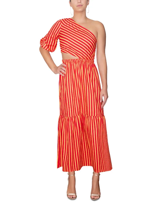 Maxi dress with sheer sleeves-Womens Cotton One-Shoulder Maxi Dress