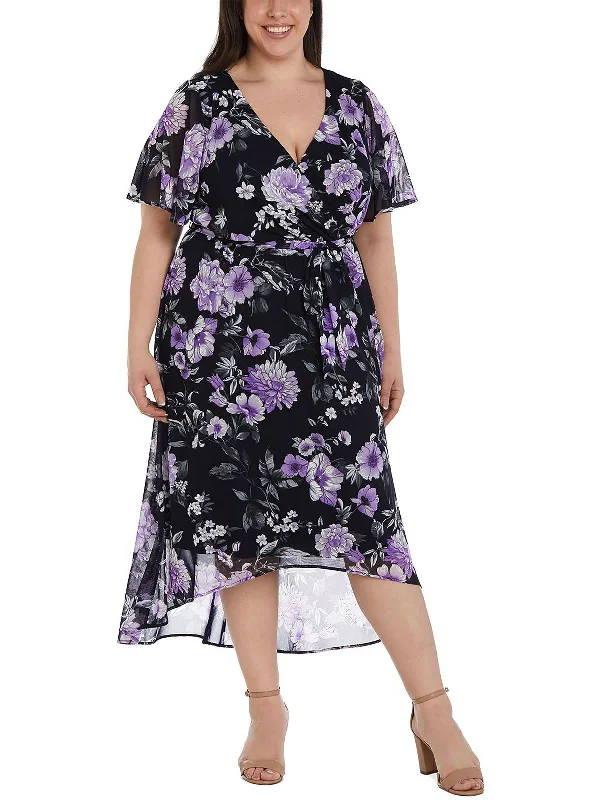 Sophisticated business casual midi dress-Plus Womens Mesh Floral Midi Dress