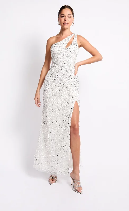 Maxi dress with high-low hem-White Embellished One-Shoulder Maxi Dress