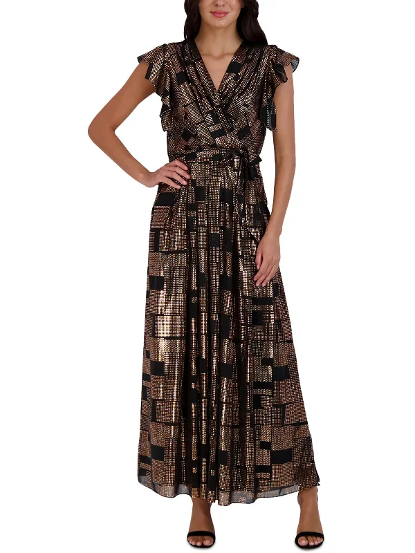 Maxi dress with wrap bodice-Womens Metallic Long Maxi Dress