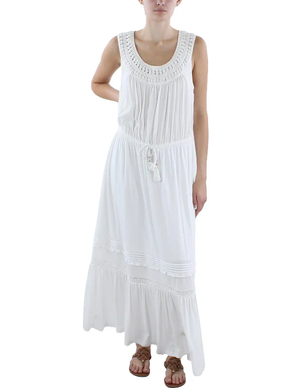 Maxi dress with crochet overlay-Womens Crochet Cotton Maxi Dress