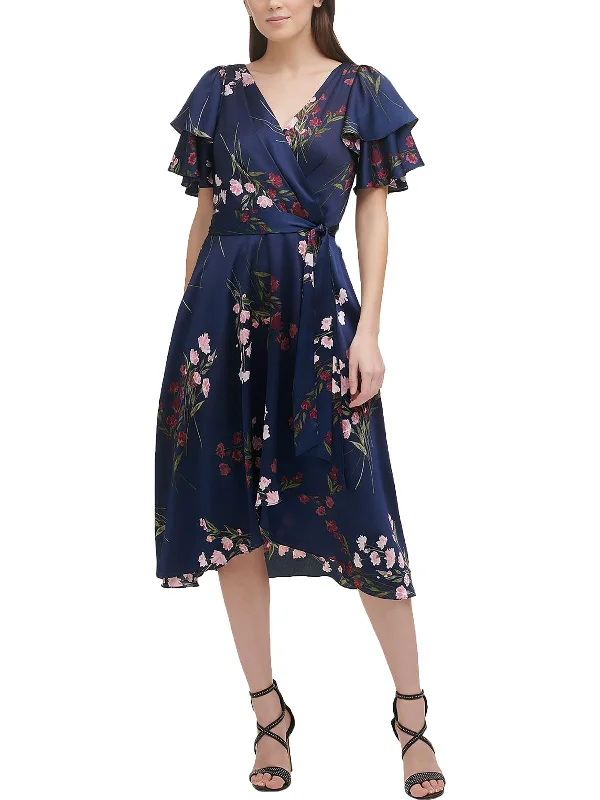 Simple casual midi dress-Womens Floral Print Midi Wrap Fit & Flare Dress