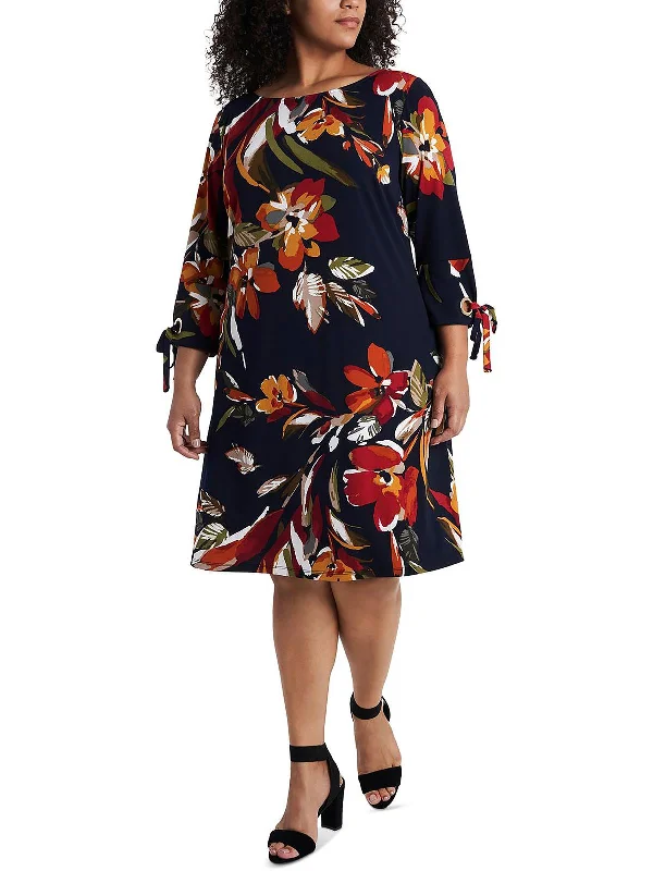 Midi dress with balloon sleeves-Plus Womens Grommet Knee Midi Dress