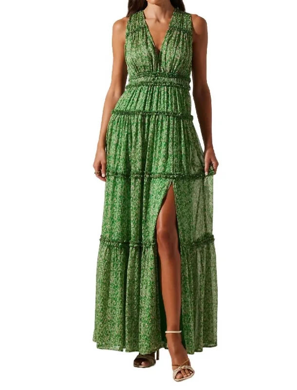 Bold print maxi dress-Plunge Tiered Ruffle Maxi Dress In Green Pink Floral