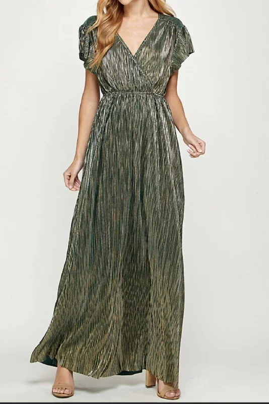 Maxi dress with crochet overlay-Metallic Maxi Dress In Forest/gold