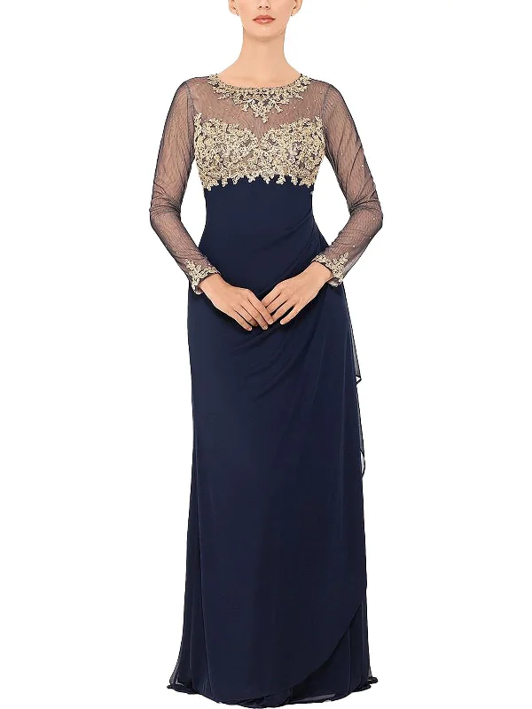 Maxi dress with zip front-Womens Embroiedered Maxi Evening Dress