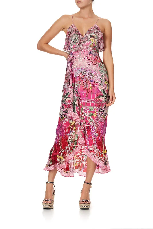 Maxi dress with high-low hem-LONG WRAP DRESS WITH FRILL GLASSHOUSE ROMANCE