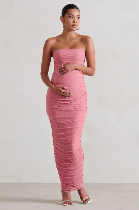 Casual long maxi dress-My Lady | Maternity Blush Pink Strapless Bodycon Ruched Mesh Maxi Dress