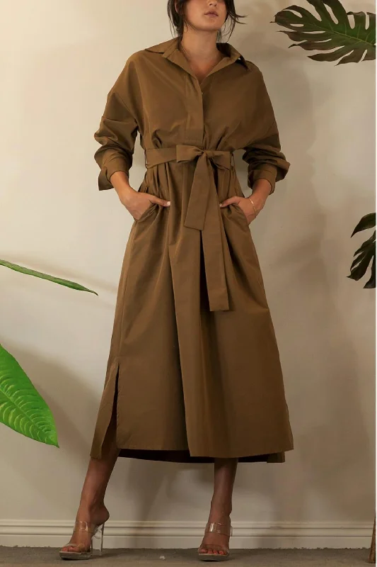 Maxi dress with empire waist-Cool Maxi Shirt Dress In Caramel