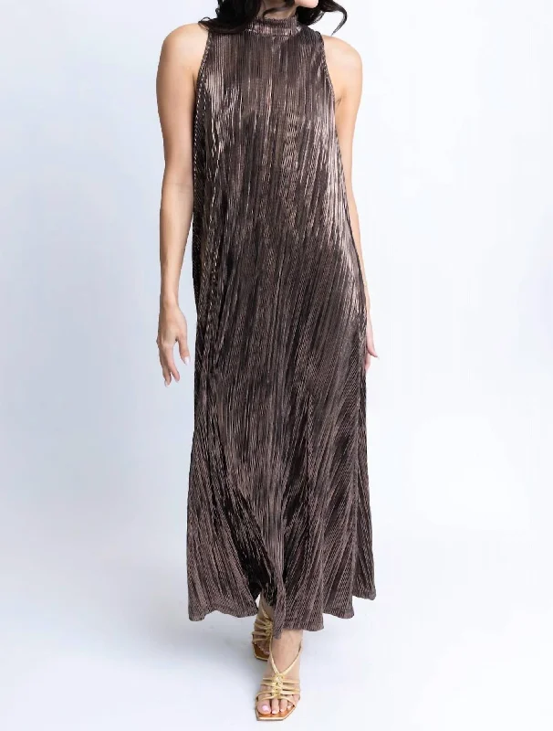 Maxi dress with backless design-Metallic Halter Maxi Dress In Black