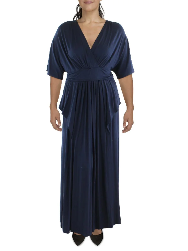 Maxi dress with ruched sides-Plus Womens Knit V-Neck Maxi Dress